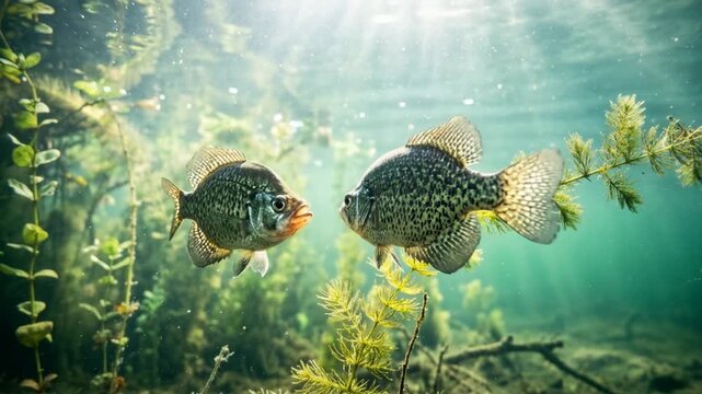 two crappie fish swimming in florida freshwater lake underwater close up video