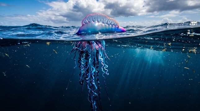 A colorful Portuguese Man o War floats gracefully in the ocean. Concept Nature, marine life, biodiversity, and ocean exploration, highlighting marine ecosystem beauty. Generative AI