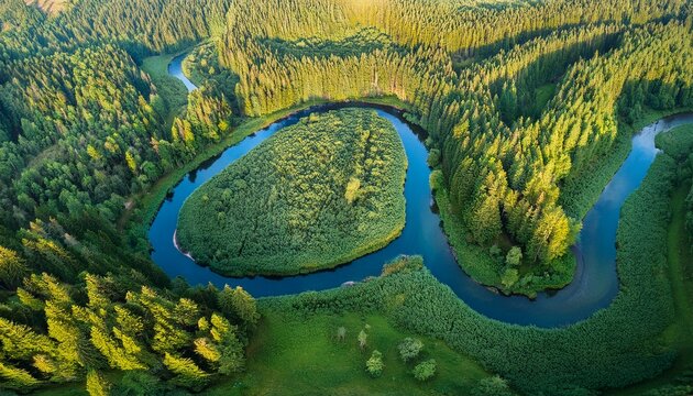 aerial view of green grass forest with tall pine trees and blue bendy river flowing through the forest