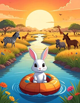 Cute White Rabbit Floating in Orange Ring on River in Sunny African Savanna