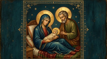 Obraz premium Mary holding baby Jesus with Joseph, sacred scene