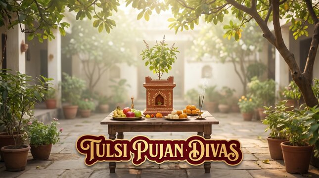 Tulsi Pujan ritual setup in a serene garden