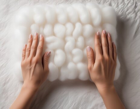 hand touching white synthetic padding soft polyester batting fiber for crafting and diy