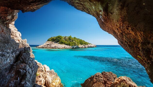 island seen through a hole in rocks turquoise sea and clear sky beautiful