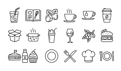 Food and drink line icon set with coffee burger tea and recipe symbols © MdRabbi
