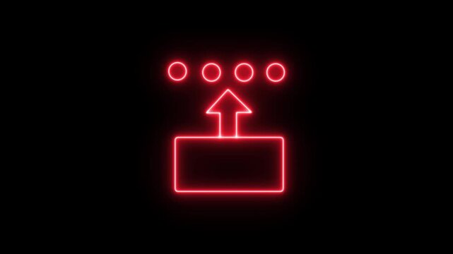 Cyberpunk style data upload or data export interface element, bright neon upload sign icon on black background, upward arrow with animation indicating file and data transfer success animation.