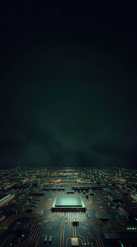 Futuristic Microchip Circuit Board on Dark Background with Copyspace