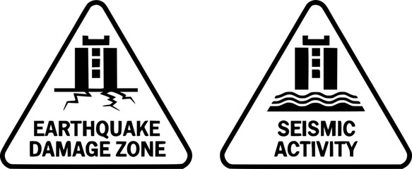 Fototapeta premium Earthquake damage zone and seismic activity warning sign set featuring black geometric icons inside triangular borders isolated on a white background.