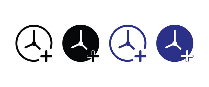 Extra Hour Icon Set Vector Illustration Showing Clock with Plus Symbol for Time Extension Overtime Productivity and Workforce Management Concepts