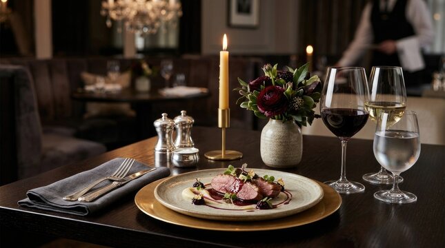Roasted duck breast served on ceramic plate, luxury restaurant dinner, romantic table setting, evening date, burning wax candle, crystal wine glass, silver fork utensil, fresh flower vase.