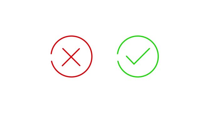 Minimalist animated green checkmark and red cross icons inside circles isolated on white background for correct wrong answer selection and quiz motion graphics.