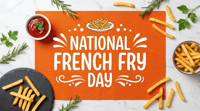 National French Fry Day celebration banner, crispy golden potato fries with ketchup and herbs, flat lay food photography on marble background