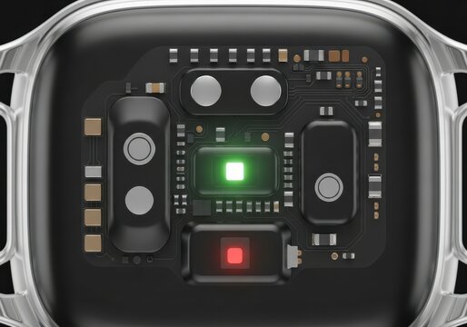 Close-up View of Smartwatch Health Sensors with Glowing Green and Red LED Lights for Heart Rate and SpO2 Monitoring