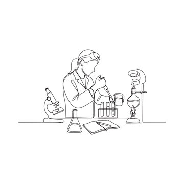 Scientist Working In Laboratory Continuous Line Drawing On White Background