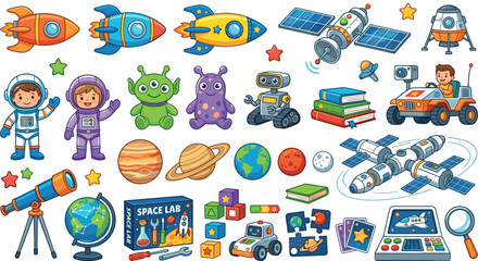 Cute Cartoon Space Exploration Vector Clipart Set Featuring Astronaut Kids Rockets Aliens Planets Telescope Satellite Rover and Space Lab Toy Elements © Md
