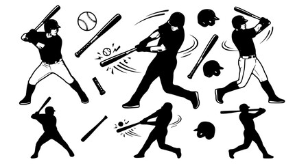 Baseball player swinging bat silhouette collection featuring athletes hitting ball with sport equipment items helmets and bats vectors © Mohammad