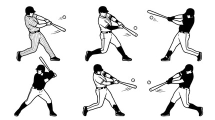 Baseball batter hitting ball silhouette collection featuring athletes swinging bat in various sports action poses vector illustration set © Mohammad