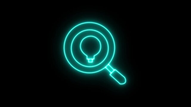Neon glowing magnifying glass icon with light bulb inside, symbol of searching for ideas, innovation, creativity, and problem solving, isolated on black background.