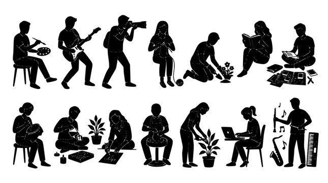 People enjoying creative hobbies and leisure activities silhouette set featuring music art gardening reading photography and crafting vectors