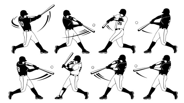 Baseball player swinging bat silhouette set featuring dynamic athletes hitting the ball in various motion poses vector illustration