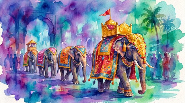 Colorful Watercolor Design of an Elephant Procession for Onam Celebration