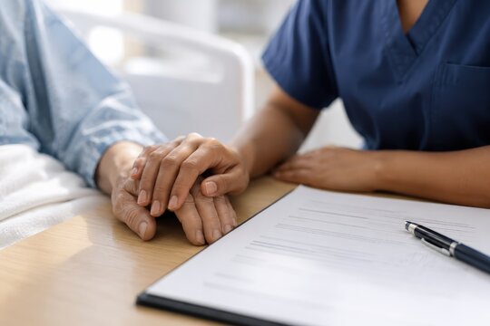 Patient and Nurse Hands Beside Blank Consent Form