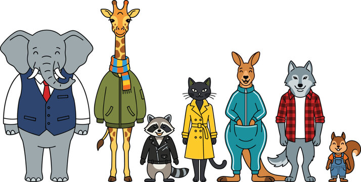 Cute cartoon animals in fashion clothes vector element set featuring elephant in vest, giraffe with scarf, raccoon in leather jacket, cat, kangaroo, wolf, and squirrel.