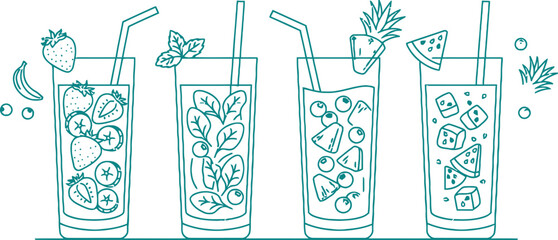 Fototapeta premium Set of fresh summer fruit cocktails and beverages in glasses with cocktail