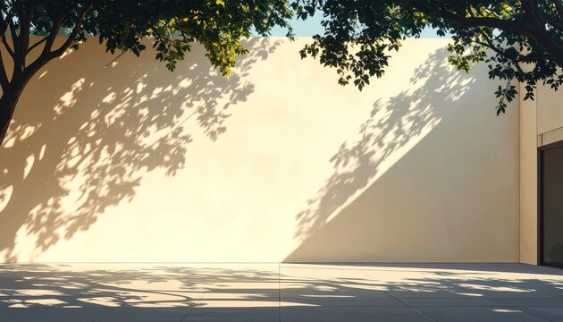 Minimalist tree leaf shadows on blank wall wide shot for copy space realistic photo with warm golden hour sunlight on modern building facade