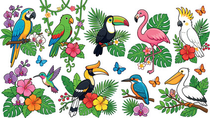 Cute Tropical Birds Element Set with Cartoon Macaw Toucan Flamingo Parrot Hornbill Pelican and Hibiscus Flowers Vector Clipart Collection © Md