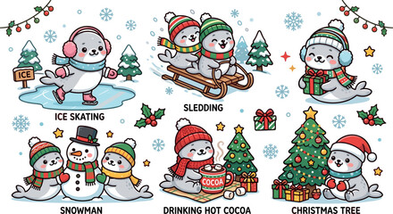 Fototapeta premium Cute Kawaii Seal Winter Holiday Vector Clipart Set Featuring Cartoon Animals Ice Skating Sledding Building Snowman Drinking Hot Cocoa and Christmas Tree Elements