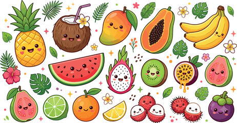Fototapeta premium Cute Tropical Fruit Character Element Set with Kawaii Pineapple Mango Watermelon Dragon Fruit Papaya and Passion Fruit Vector Clipart Collection