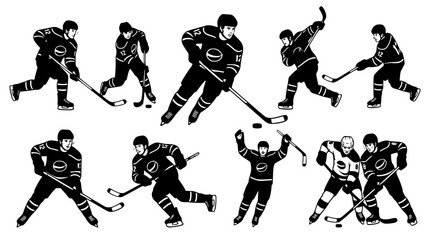 Ice hockey action silhouettes vector set featuring players skating passing shooting the puck bodychecking and celebrating a goal score on white background © Mohammad