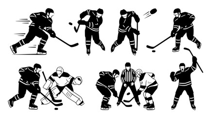 Ice hockey players silhouette vector collection featuring skaters shooting puck goalkeeper defending net referee faceoff and victory celebration illustrations © Mohammad
