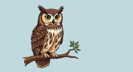 Majestic great horned owl perched on a leafy tree branch against a soft blue background in a detailed illustrative style.