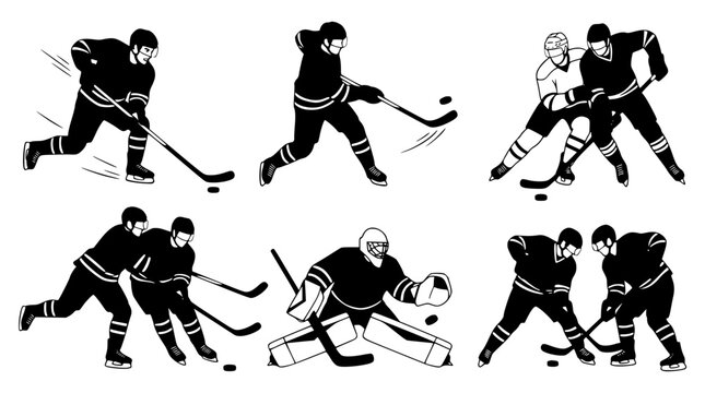 Professional ice hockey players vector silhouettes collection featuring fast skaters shooting puck goalie glove save body checking and battle faceoff match scenes