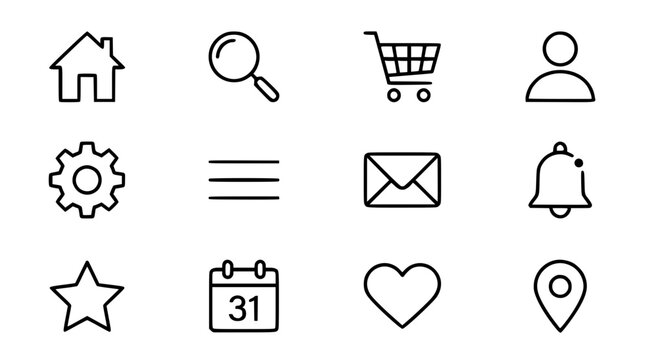 Website and mobile app interface line icons set featuring home search shopping cart user settings menu envelope bell star calendar heart location symbols