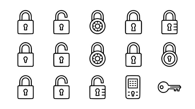 Security padlocks and key line icons set featuring closed open combination locks digital keypad and security access control symbols