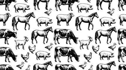 Seamless farm animals pattern featuring hand drawn vintage style sketch vectors of cows horses pigs sheep goats and chickens backgroundv © Mohammad