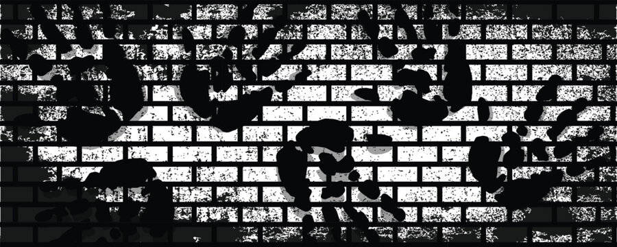 Abstract background featuring a gritty, high-contrast brick wall texture covered in distressed black handprints, creating a mysterious, urban, and grunge artistic design.