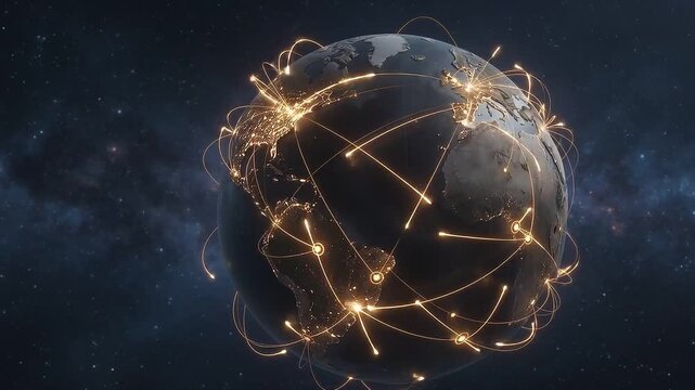 Glowing global network connections expanding, dark globe covered in glowing amber and gold connection nodes