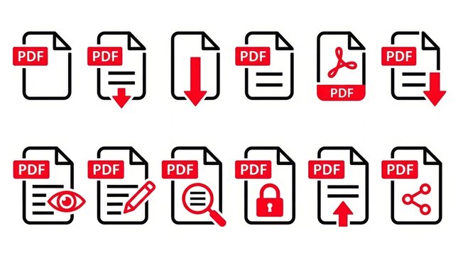 Collection of Red PDF File Icon Buttons with Various Document Actions.