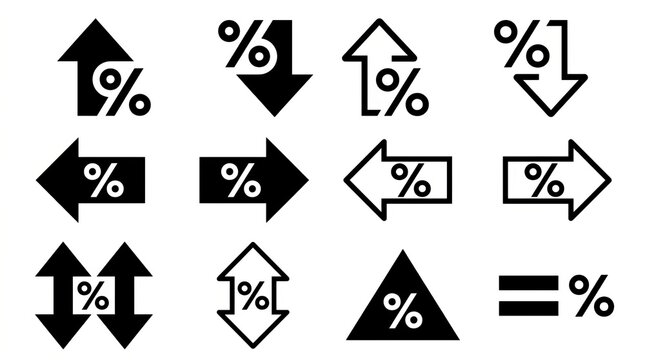 Collection of percentage and interest rate icons in black and white design set.