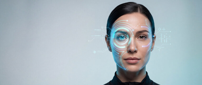Close-up of a woman's face with futuristic biometric facial recognition scanning overlay, highlighting technology and security in a clean, modern aesthetic with soft lighting