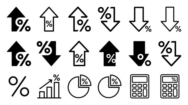 Collection of financial and real estate investment growth percentage icons.