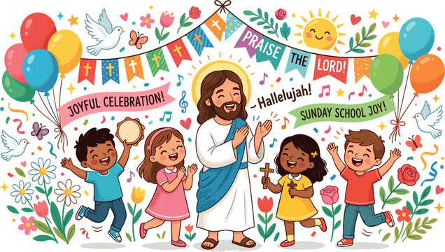 Jesus Christ Celebrating with Happy Diverse Children in Joyful Sunday School Party Background with Balloons Bunting and Flowers Vector Illustration
