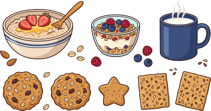 Healthy breakfast oatmeal porridge vector vector icon set featuring granola parfait with fresh berries hot milk mug oatmeal cookies crackers honey and strawberry toppings.