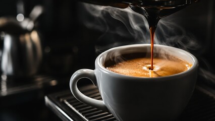 Fototapeta premium Fresh Espresso Coffee in Clear Glass Cup with Rich Golden Crema on Dark Background