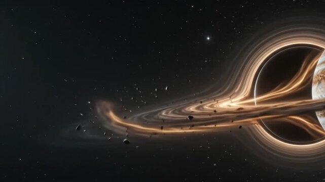 Scientifically accurate supermassive black hole consuming a gas giant, realistic astrophysics, extreme tidal disruption