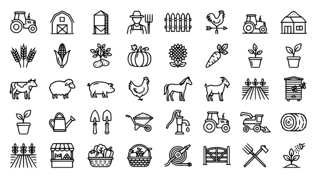 Organic farming and local agriculture line icon set featuring farmer tractor livestock barn crops tools and market harvest symbols